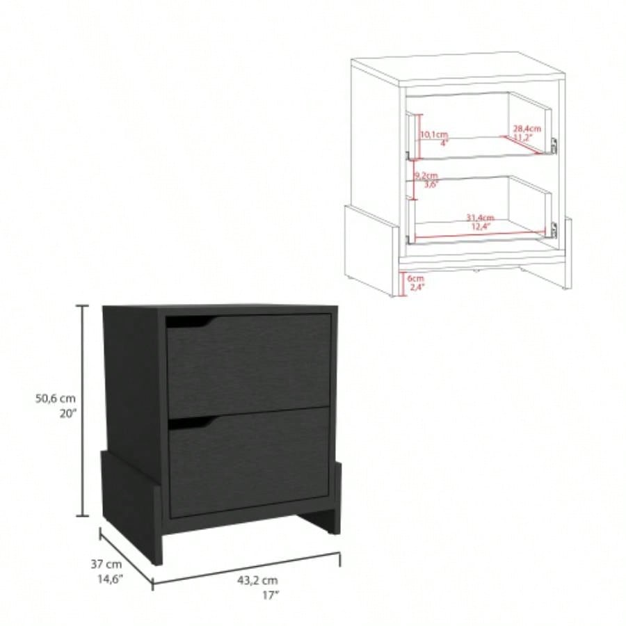 Nightstand Brookland, Bedside Table with Double Drawers and Sturdy Base, Black Wengue