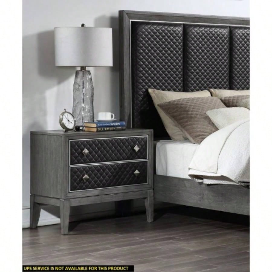 Modern Styling Bedroom 1pc Nightstand of 2 Drawers Faux Leather Upholstered Gray Classic Design Wooden Furniture