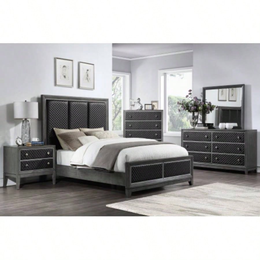 Modern Styling Bedroom 1pc Nightstand of 2 Drawers Faux Leather Upholstered Gray Classic Design Wooden Furniture