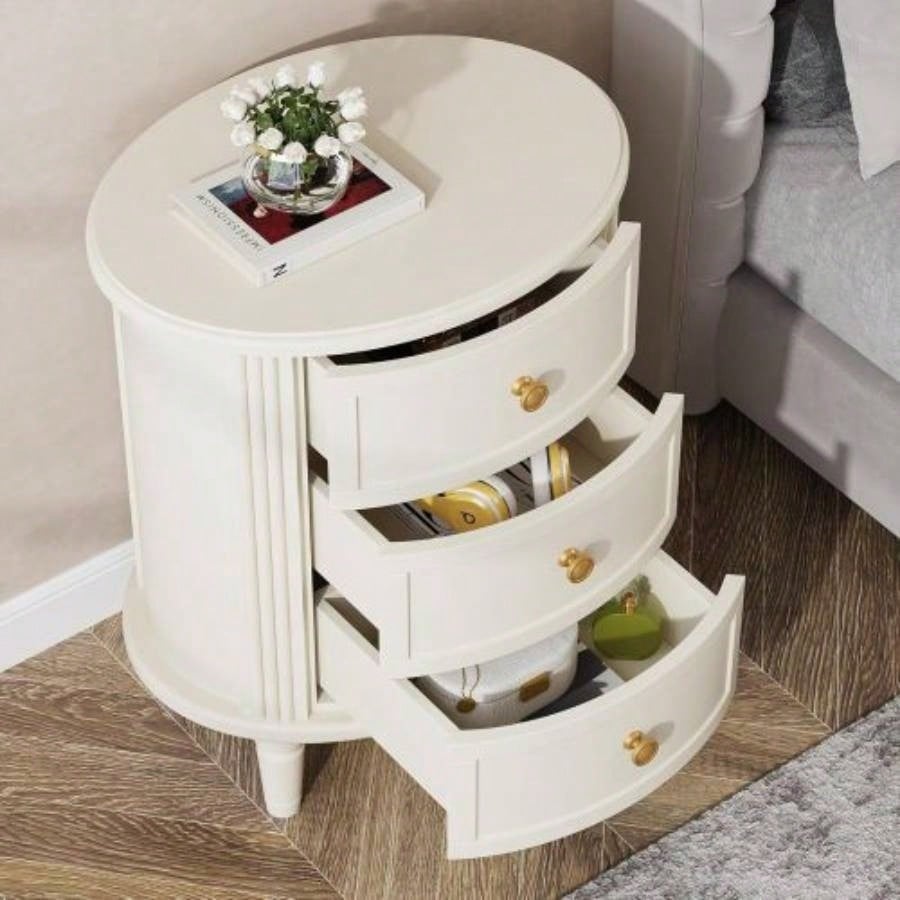 20 Oval Nightstand with 3 Drawers, Fully Assembled Farmhouse Bedside Table, Wood Side End Table with Solid Unique Design Bedroom, Living Room, Beige White