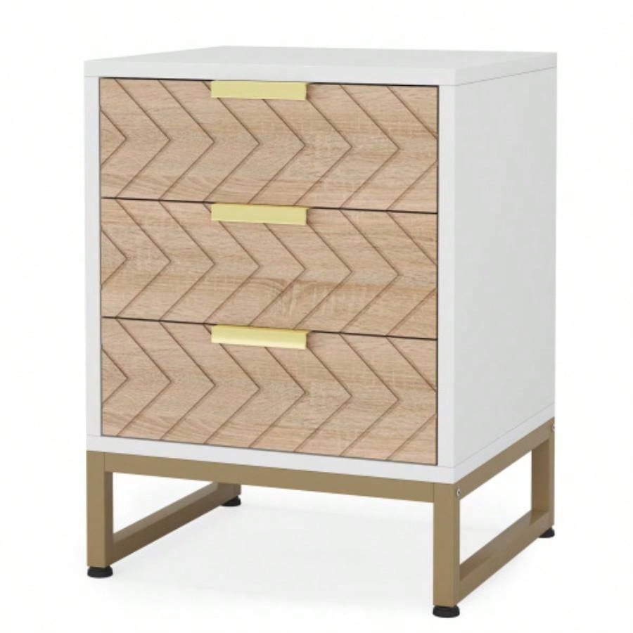 Set of 2 Modern Nightstands with 3 Drawers, 17. Inches White and Walnut Bedside Tables with Gold Accents, Stylish Zig Zag Design, Small End Tables Bedroom, Living Room, or Office