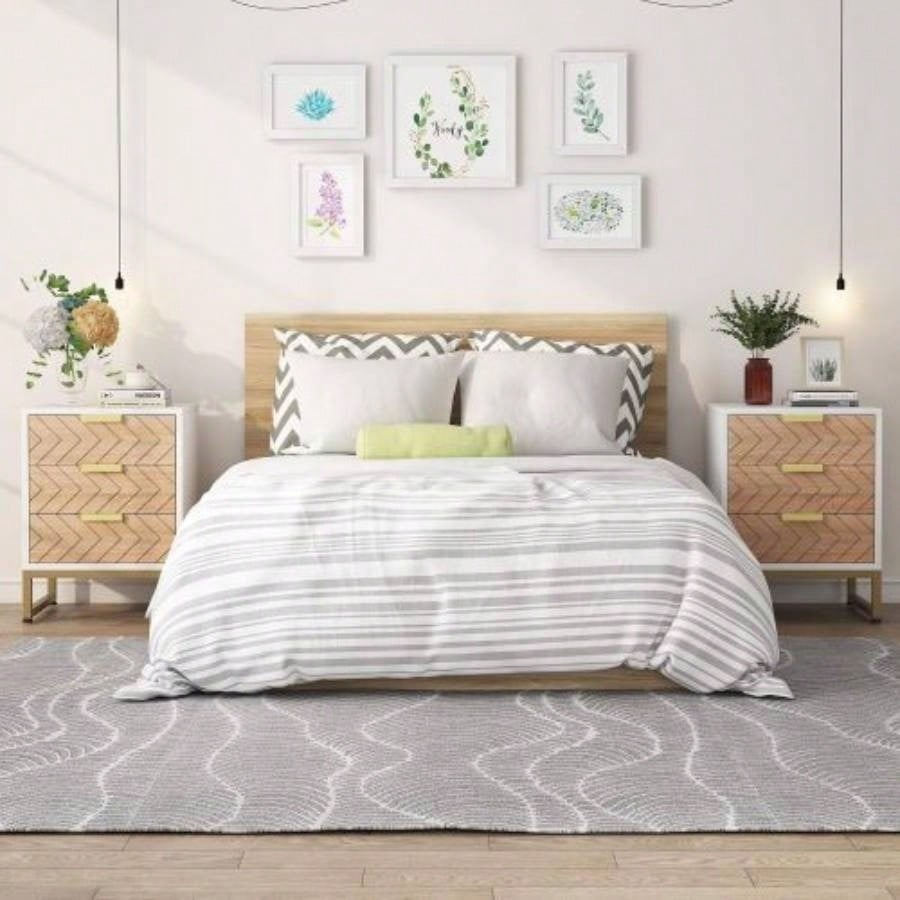 Set of 2 Modern Nightstands with 3 Drawers, 17. Inches White and Walnut Bedside Tables with Gold Accents, Stylish Zig Zag Design, Small End Tables Bedroom, Living Room, or Office