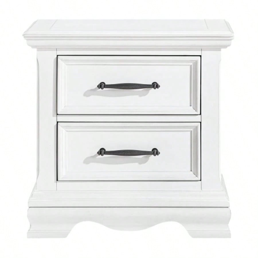 Charming White 2 - Drawer Nightstand Durable Wood Black Handles Classic Bedside Table 1pc Bedroom Furniture