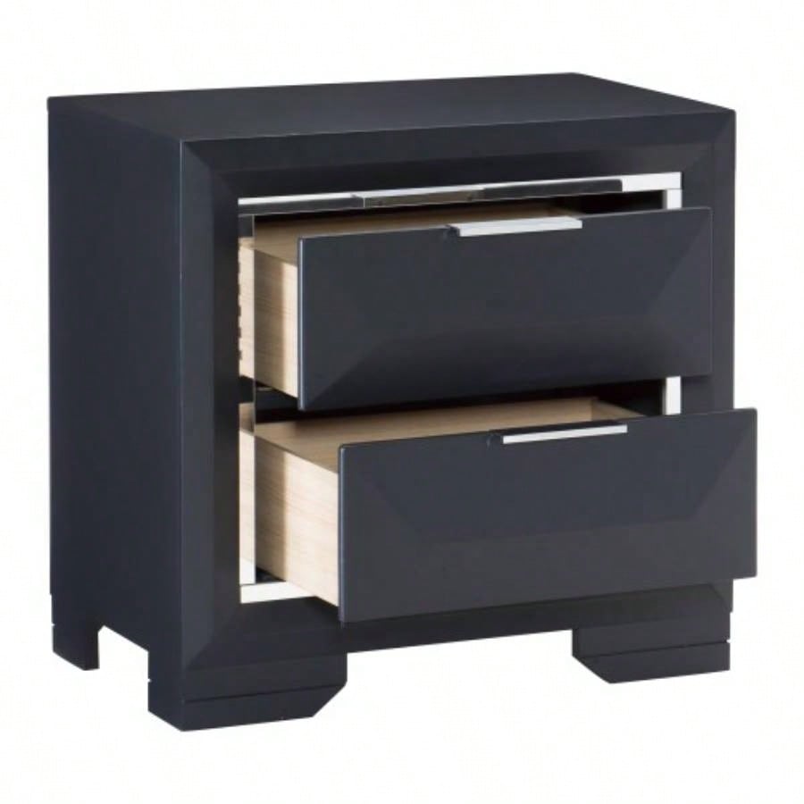 Modern Bedroom Nightstand of Two Drawers Beveled Acrylic Trim Wooden Furniture 1pc, Midnight Blue
