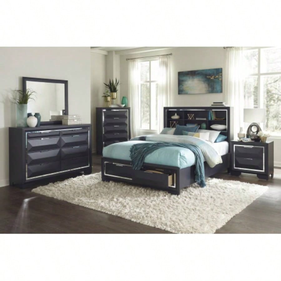 Modern Bedroom Nightstand of Two Drawers Beveled Acrylic Trim Wooden Furniture 1pc, Midnight Blue