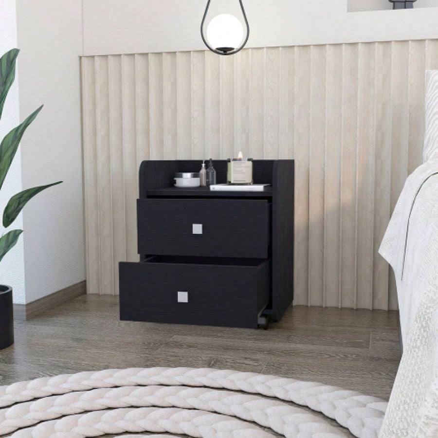 Nightstand Csmet, Metal Handle, Two Drawers, Black Wengue