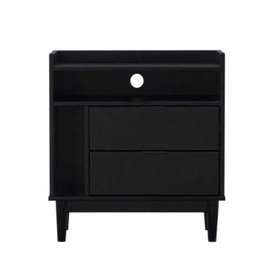 Mid - Modern Solid Wood 2 - Drawer Gallery Nightstand - Black