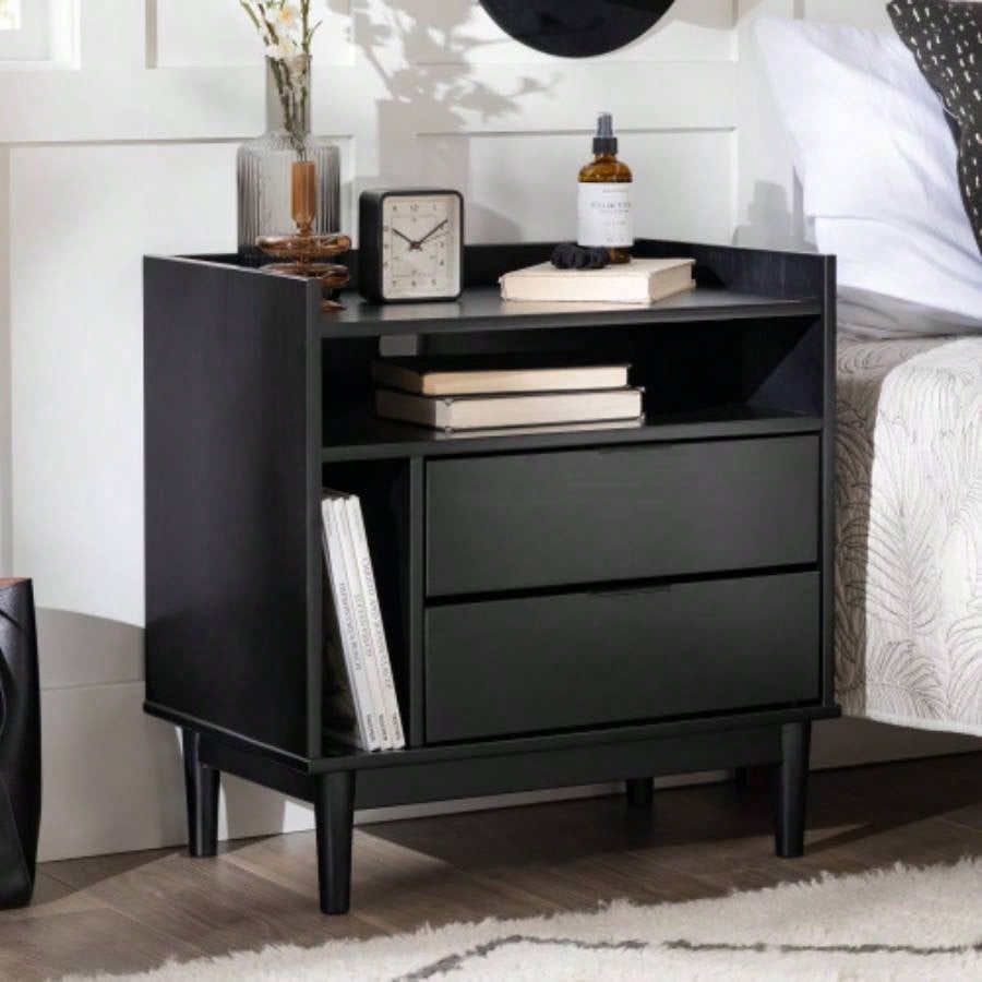 Mid - Modern Solid Wood 2 - Drawer Gallery Nightstand - Black
