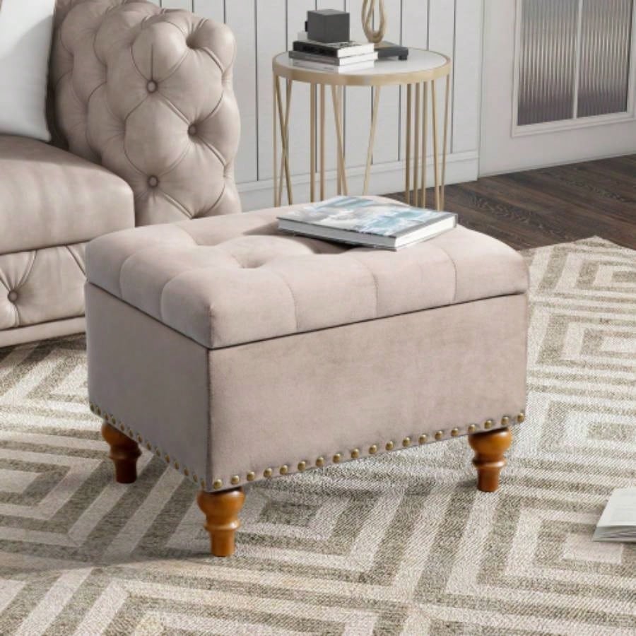 Square velvet upholstered Ottoman with storage space, hidden support hinges with easy to open top, rivets trim around Light Blue