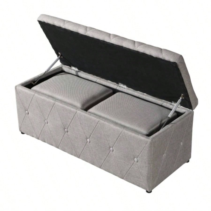 1 Piece Rectangular Storage Ottoman Fabric Linen with 2 Set Ottomans Beige