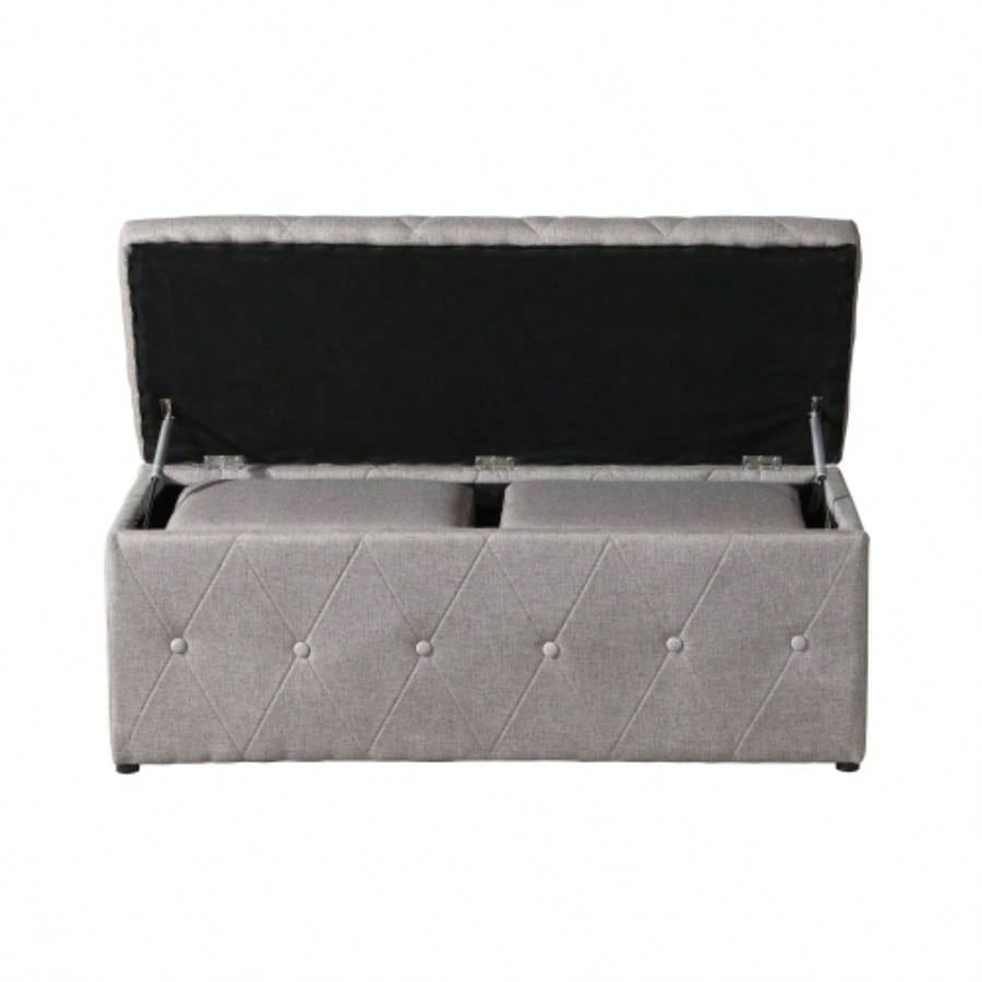 1 Piece Rectangular Storage Ottoman Fabric Linen with 2 Set Ottomans Beige