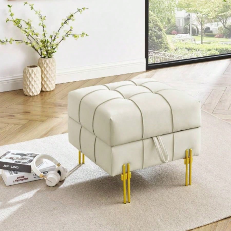 22 inches Anti - scratch Leather Storage Ottoman, Pet Friendly Entryway with Golden Stainless Steel, Gray