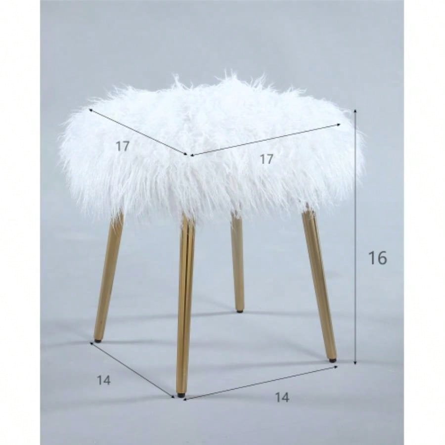 Ravni Faux Fur Accent Ottoman with Gold