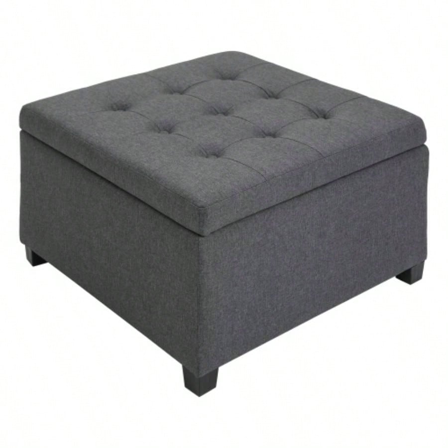 HOMCOM Fabric Tufted Storage Ottoman with Flip Top Lid, Metal Hinge and Stable Eucalyptus Wood Frame Living Room, Entryway, or Bedroom,