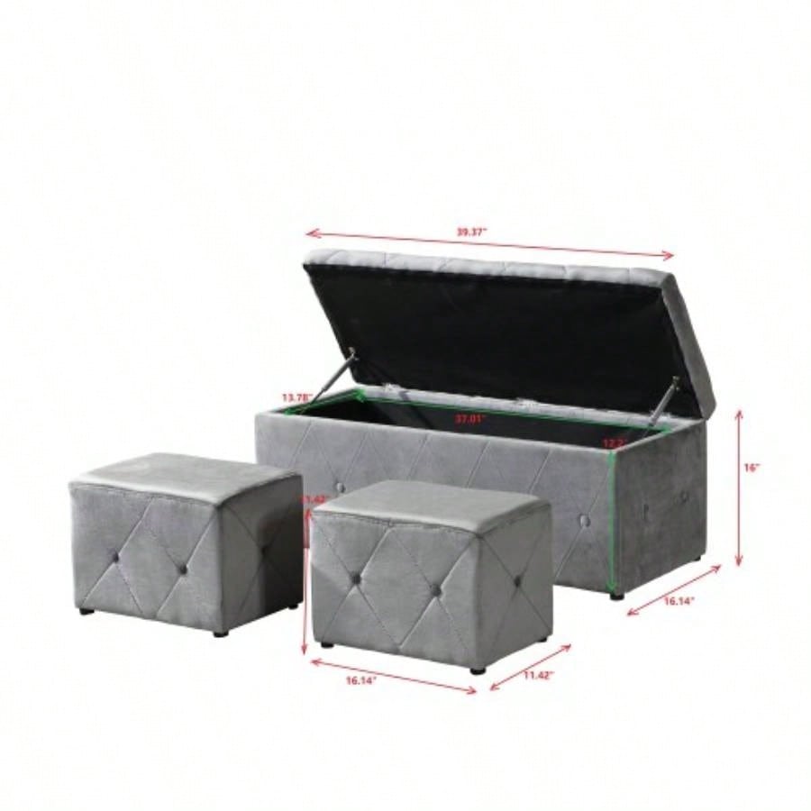 1 Piece Rectangular Storage Ottoman Short velvet with 2 Set Ottomans Light Gray