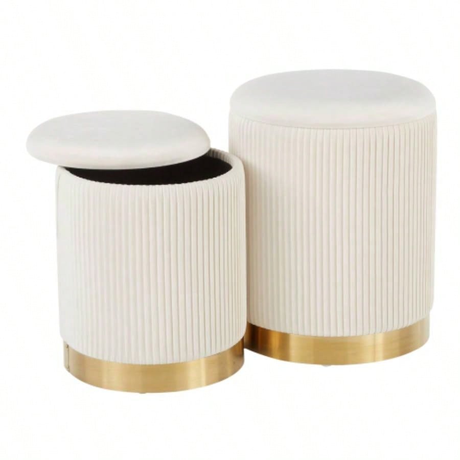Marla Contemporary Nesting Pleated Ottoman Set in Gold Metal and Velvet by LumiSource