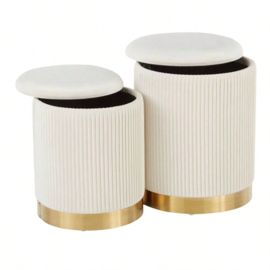 Marla Contemporary Nesting Pleated Ottoman Set in Gold Metal and Velvet by LumiSource