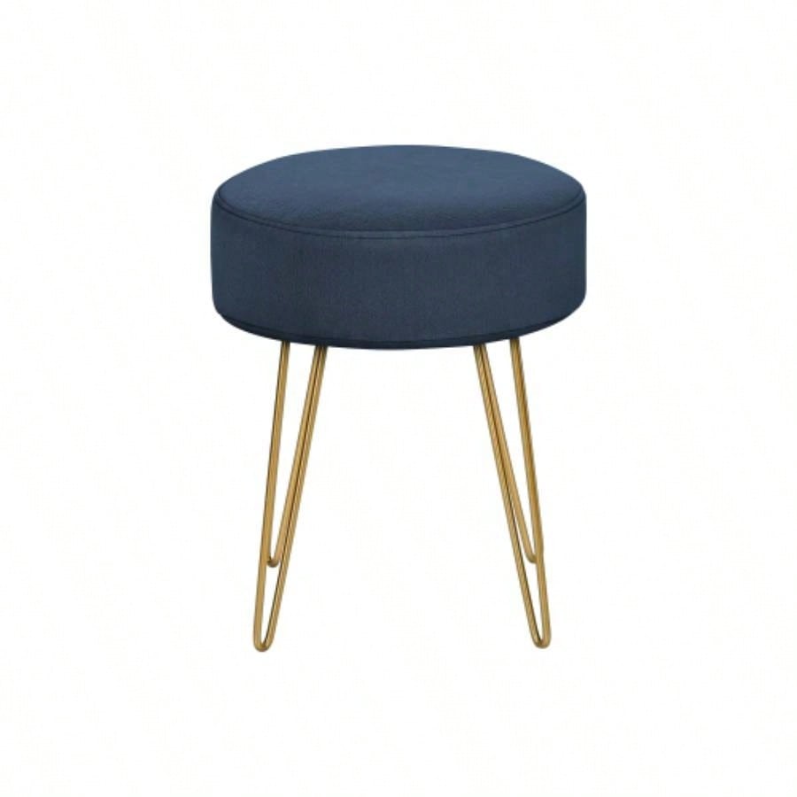 Ottoman, Pouf, Footrest, Foot Stool, 14 Round, Blue Fabric, Gold Metal, Contemporary, Modern