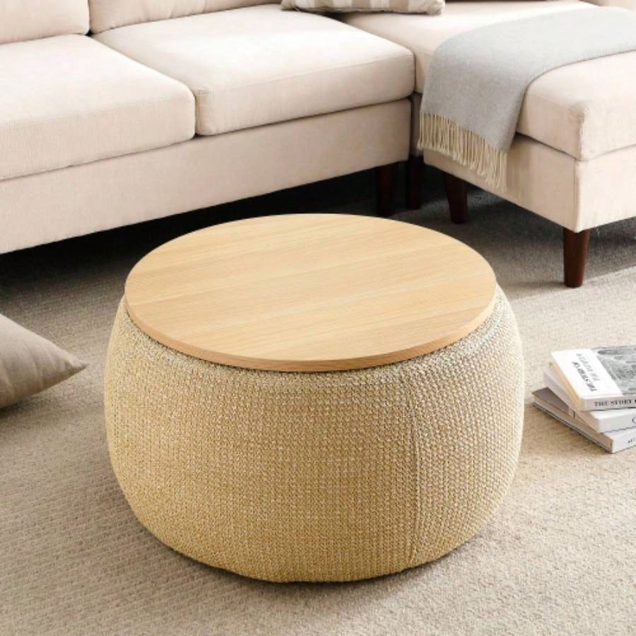 Round Storage Ottoman, 2 in 1 Function, Work as End table and Ottoman, Navy 25.5x25.5x14.5