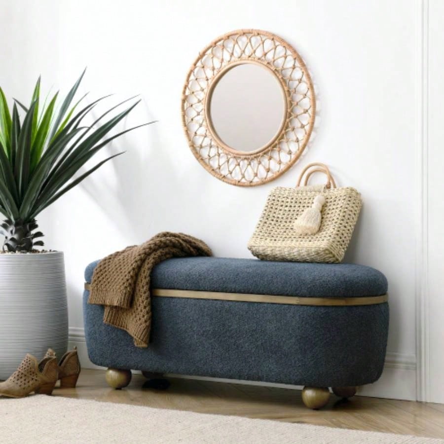 Storage Ottoman, Upholstered End of Bed Ottoman with Storage and Seating, Large Blanket Storage Foot Rest in Bedroom, Living Room, Entryway, Dark blue