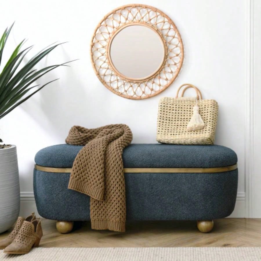Storage Ottoman, Upholstered End of Bed Ottoman with Storage and Seating, Large Blanket Storage Foot Rest in Bedroom, Living Room, Entryway, Dark blue