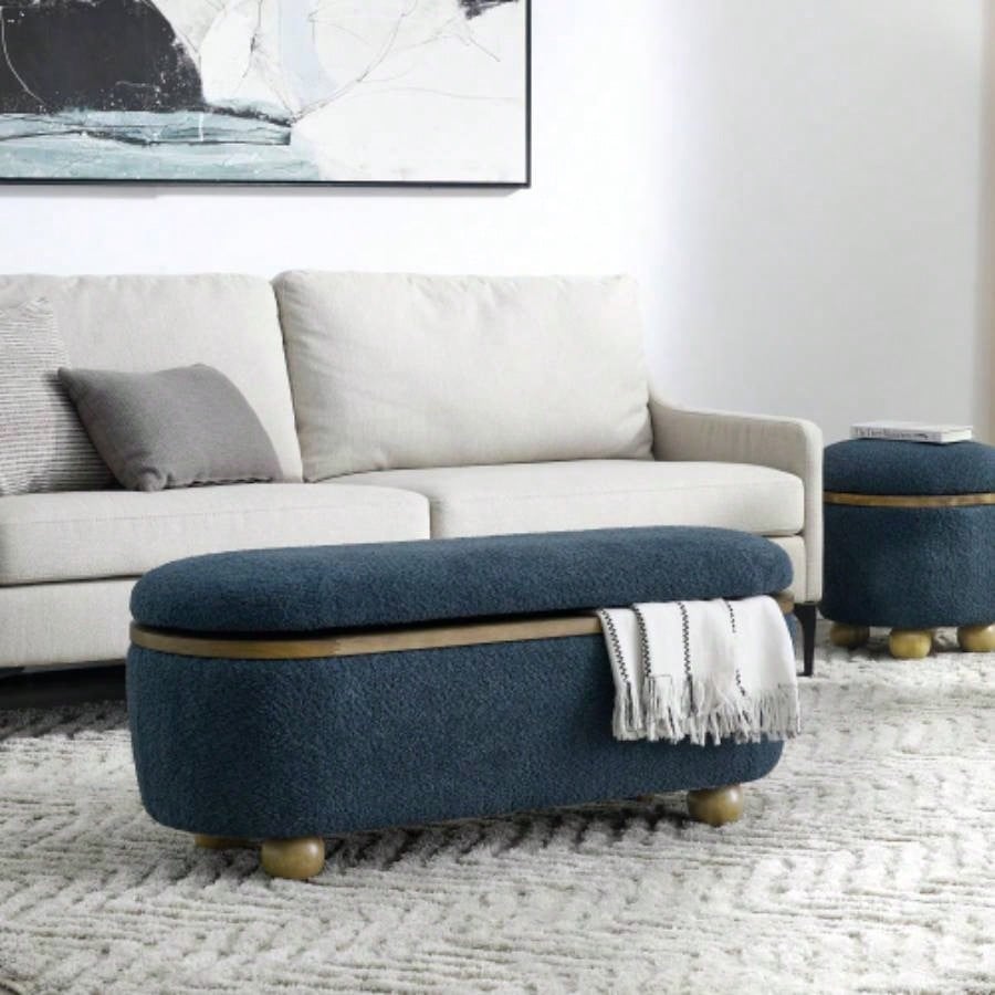 Storage Ottoman, Upholstered End of Bed Ottoman with Storage and Seating, Large Blanket Storage Foot Rest in Bedroom, Living Room, Entryway, Dark blue