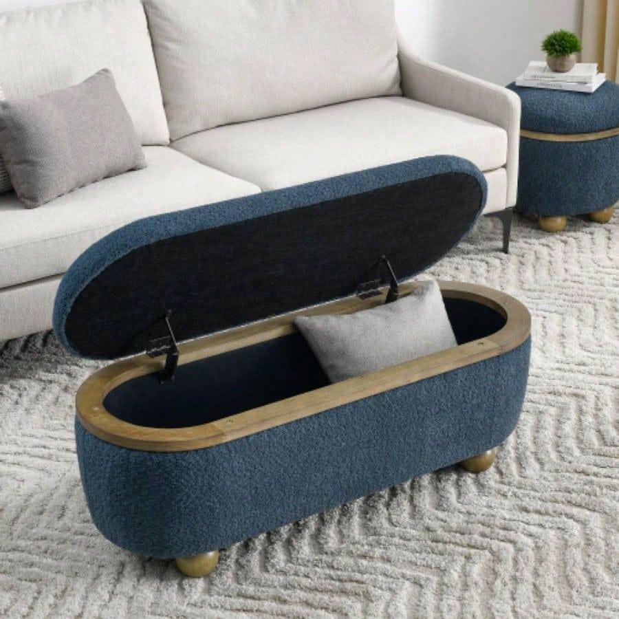 Storage Ottoman, Upholstered End of Bed Ottoman with Storage and Seating, Large Blanket Storage Foot Rest in Bedroom, Living Room, Entryway, Dark blue