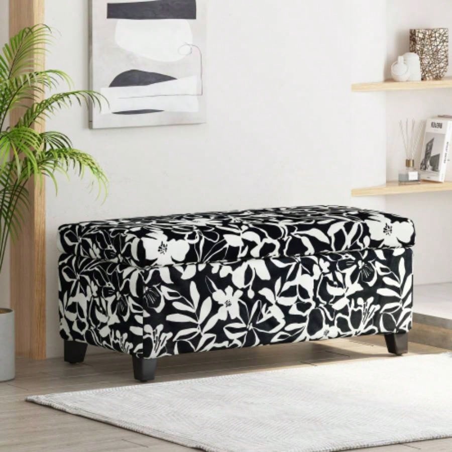 Luxury Storage Ottoman with Floral Patterned Fabric, Soft - Close Hinges, Multi - Functional Footrest Living Room, Bedroom - Hidden Compartment Blankets/Pillows
