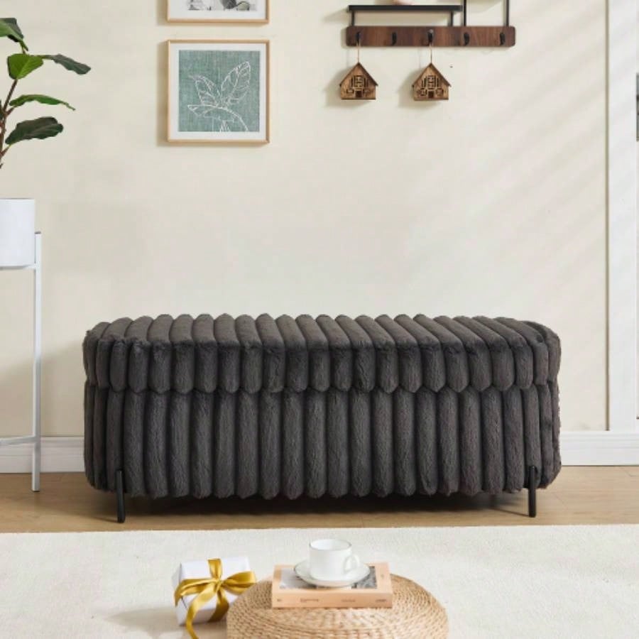 22.05Wide Upholstered Round Pouf Ottoman Foot Rest with Black Metal, Faux Fur Footstool Living Room Bedroom Entryway. Charcoal