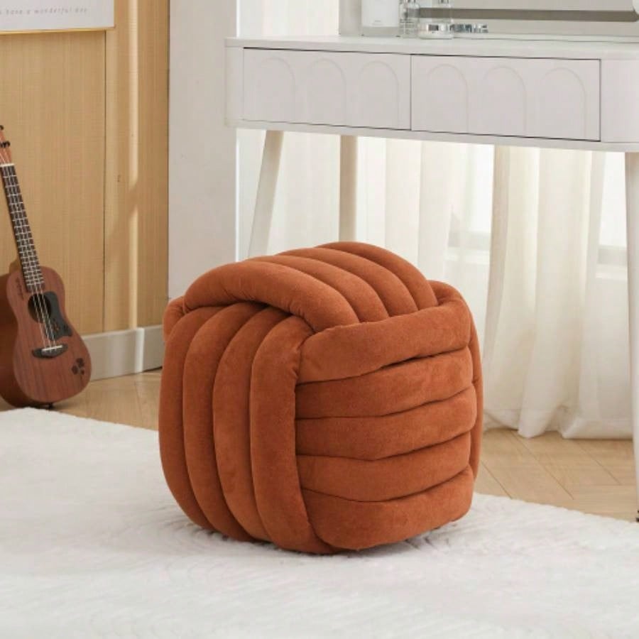 060 - Chenille Fabric Modern Knot Design Ottoman Makeup Stool Footstool, Comfortable and Stylish Living Room, Bedroom, Beige