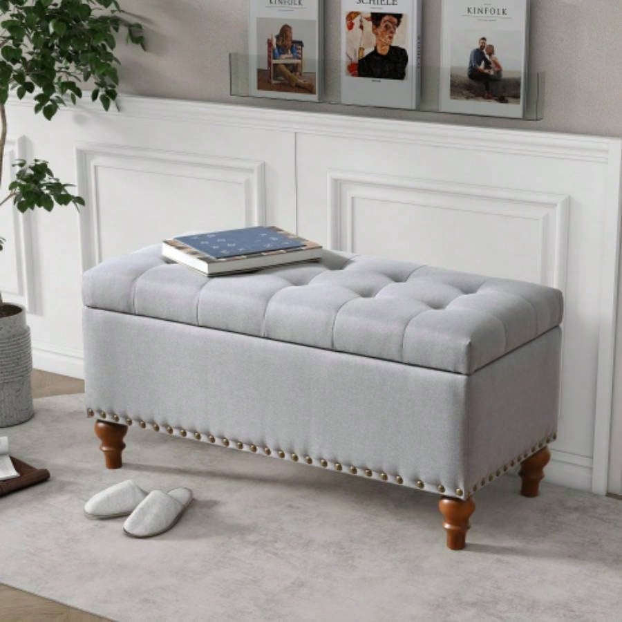 Ottoman storage, recessed support hinge top easy to open, rivet trim around, bedroom, entrance, living room, linen