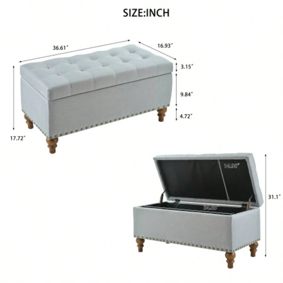 Ottoman storage, recessed support hinge top easy to open, rivet trim around, bedroom, entrance, living room, linen