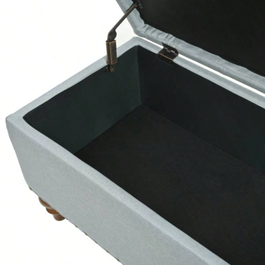 Ottoman storage, recessed support hinge top easy to open, rivet trim around, bedroom, entrance, living room, linen