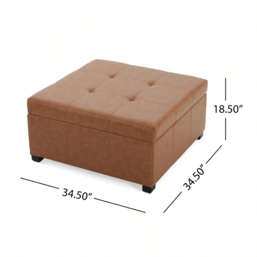 CARLSBAD Faux Leather Tufted Storage Ottoman, Cognac Brown