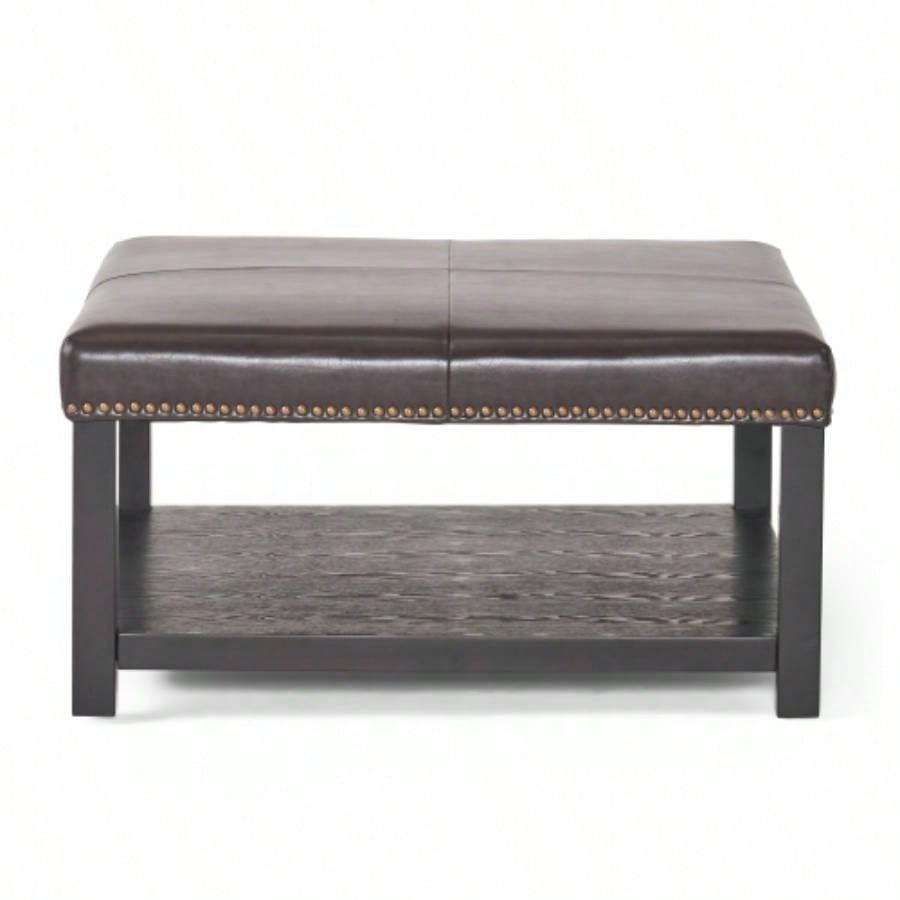 Large Square Ottoman, faux leather Coffee Table Ottoman with rack Solid Wood, Oversized Ottoman Living Room