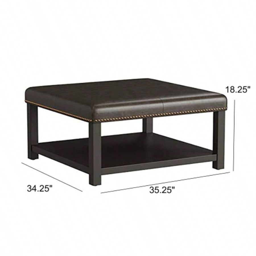Large Square Ottoman, faux leather Coffee Table Ottoman with rack Solid Wood, Oversized Ottoman Living Room
