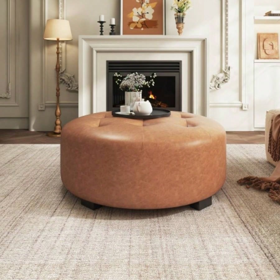 Upholstered Button Tufted Round Ottoman, PU, Orange Brown