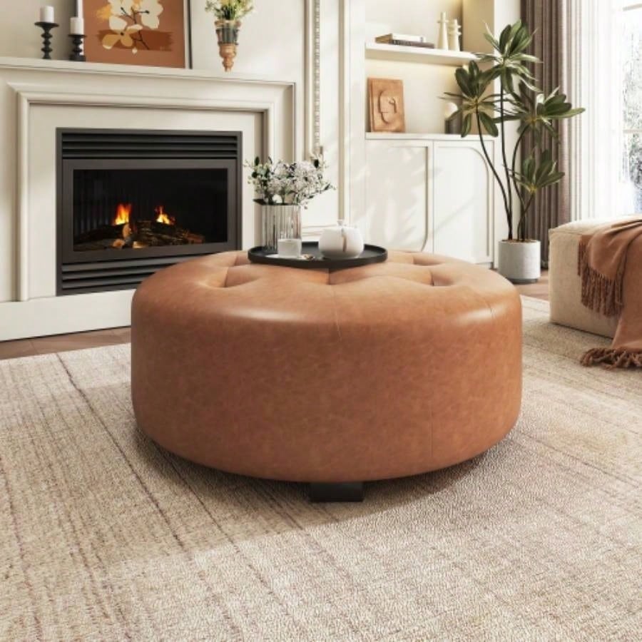 Upholstered Button Tufted Round Ottoman, PU, Orange Brown