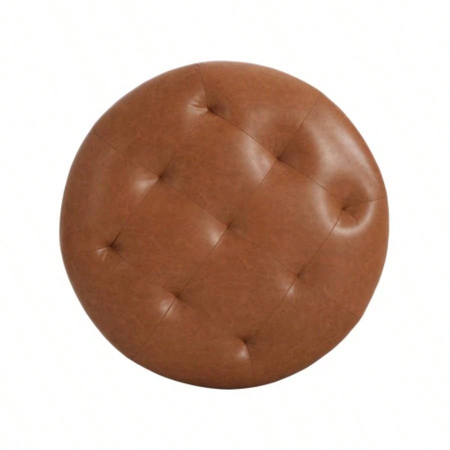 Upholstered Button Tufted Round Ottoman, PU, Orange Brown