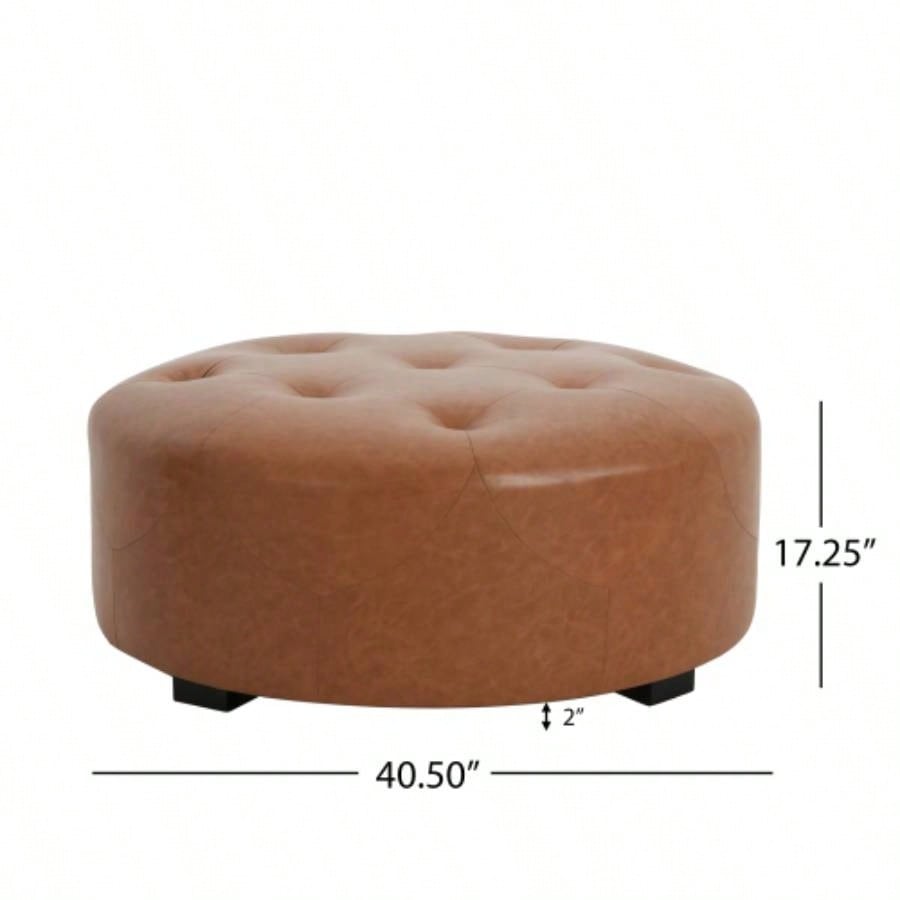 Upholstered Button Tufted Round Ottoman, PU, Orange Brown