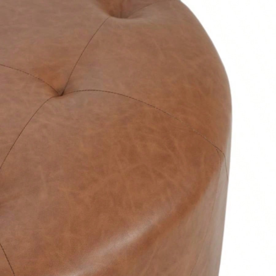 Upholstered Button Tufted Round Ottoman, PU, Orange Brown