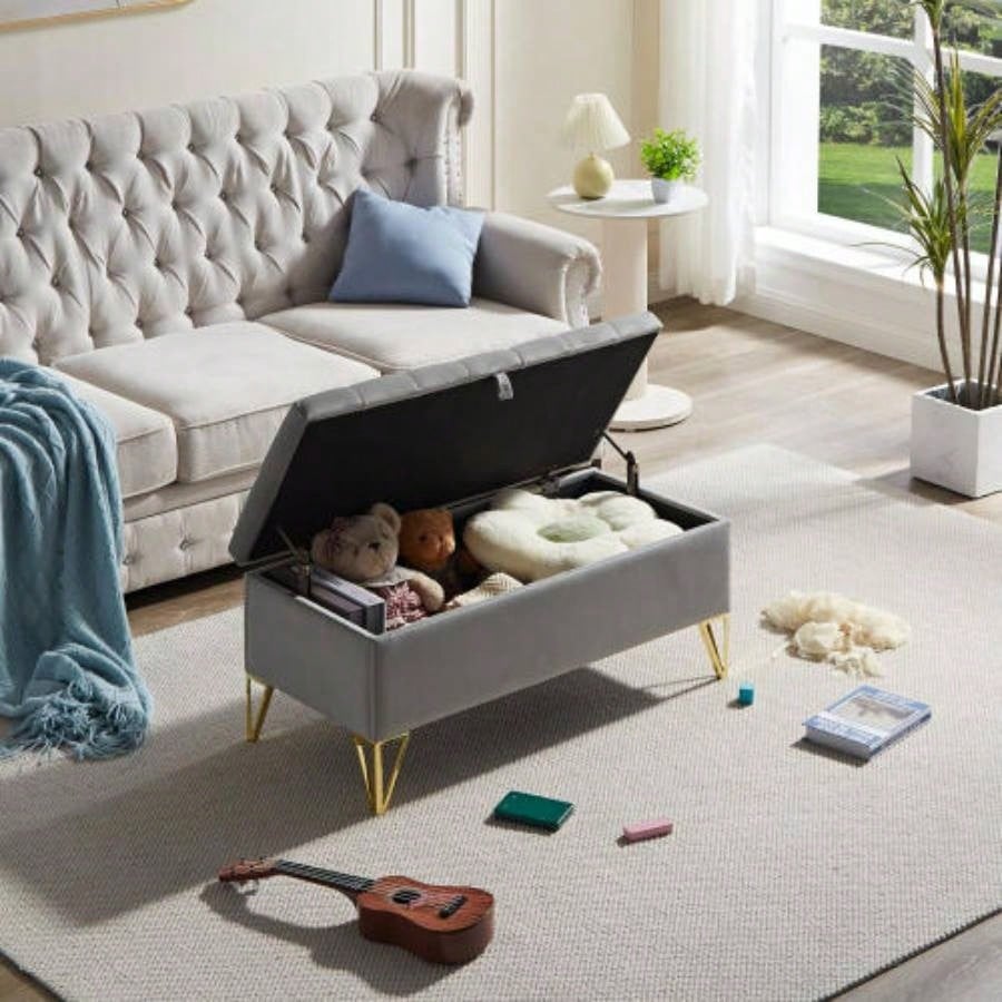 Fashion light Velvet Fabric Upholstered large storage rectangular Entryway, Bedroom end of Bed. foot of Bed, sofa living room. Gold feet stainless steel