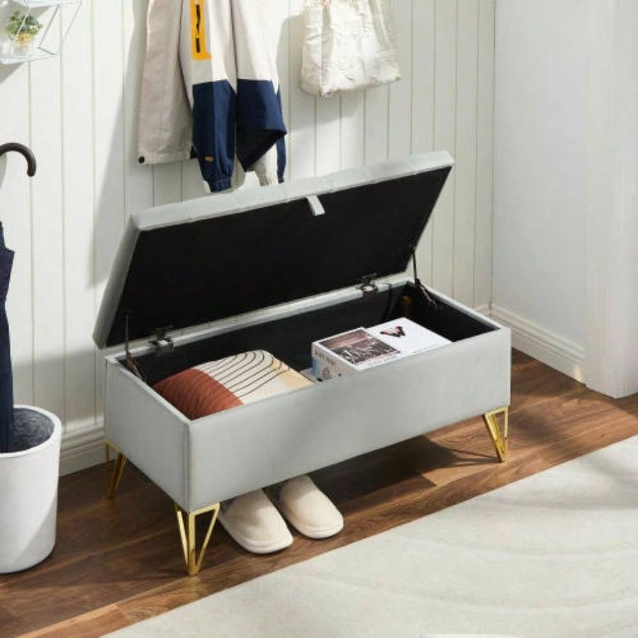 Fashion light Velvet Fabric Upholstered large storage rectangular Entryway, Bedroom end of Bed. foot of Bed, sofa living room. Gold feet stainless steel
