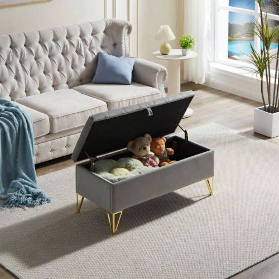 Fashion light Velvet Fabric Upholstered large storage rectangular Entryway, Bedroom end of Bed. foot of Bed, sofa living room. Gold feet stainless steel