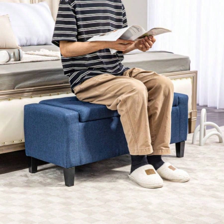HOMCOM Storage Ottoman, Linen Upholstered Storage with Lift Top and Button Tufted Living Room, Dark Blue