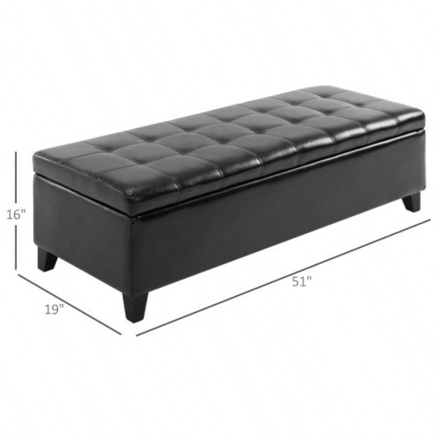 HOMCOM 51 Ottoman Storage, Faux Leather Storage Chest with Lift Top, Tufted Ottoman with Storage Living Room, Entryway, Black