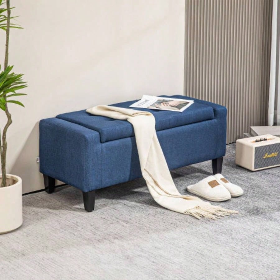 HOMCOM Storage Ottoman, Linen Upholstered Storage with Lift Top and Button Tufted Living Room, Dark Blue