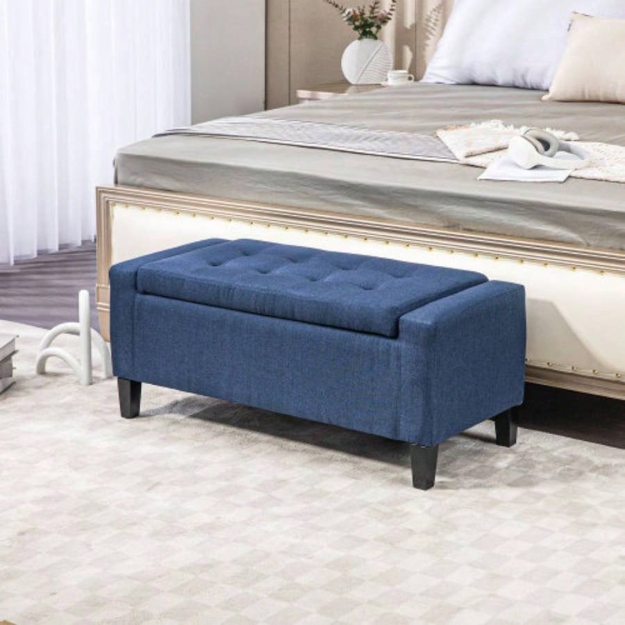 HOMCOM Storage Ottoman, Linen Upholstered Storage with Lift Top and Button Tufted Living Room, Dark Blue
