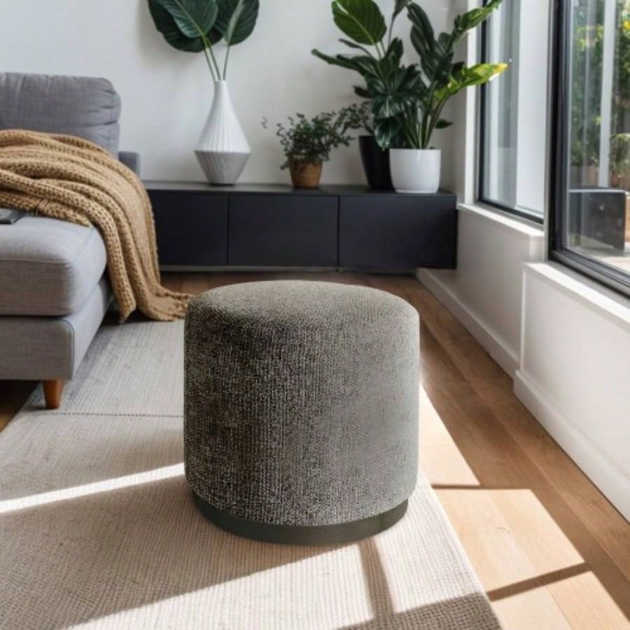 Small Round Storage Ottoman - Beige Fabric Footstool