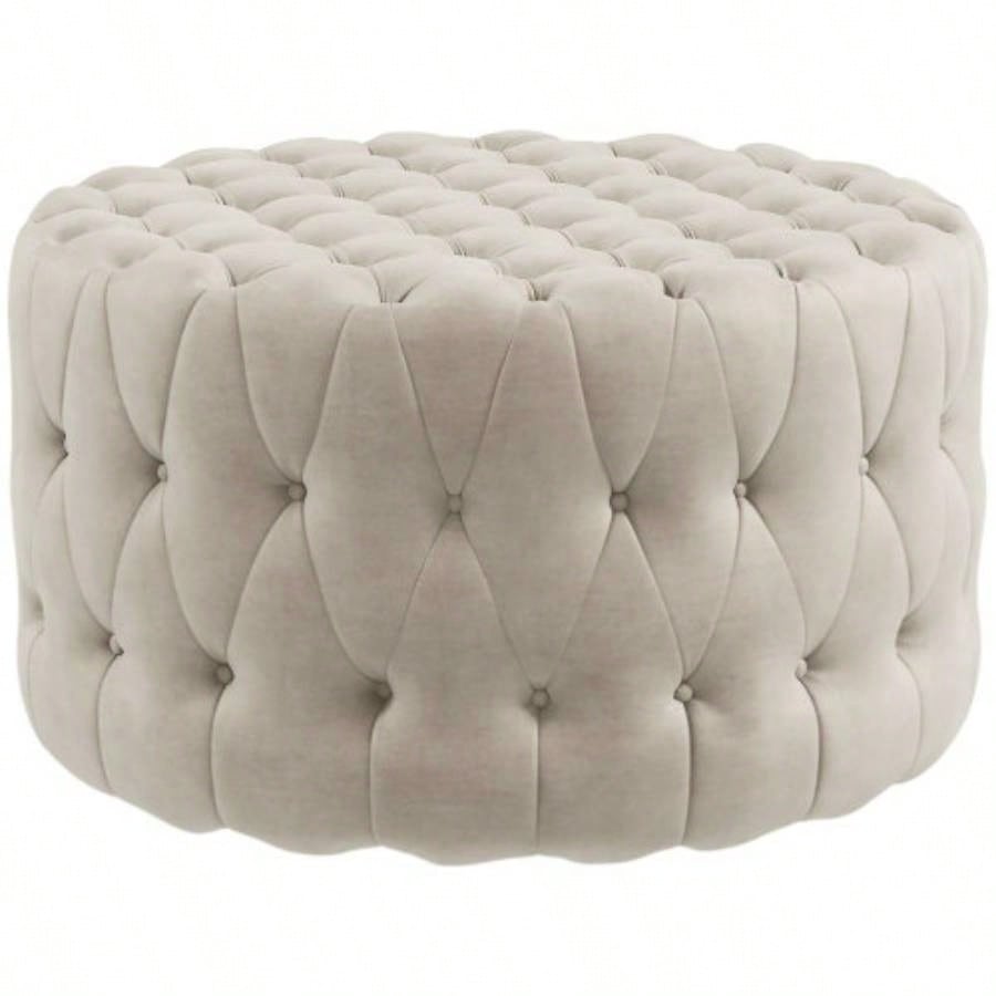 HOMCOM 31.5 Round Ottoman, Large Velvet - Feel Upholstered Foot Stool with Button Tufted Design and Padded Living Room, Entryway, Beige